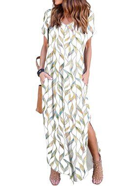 Women White Leaves Summer Maxi Long Dress Casual Loose Short Sleeve Split Pocket